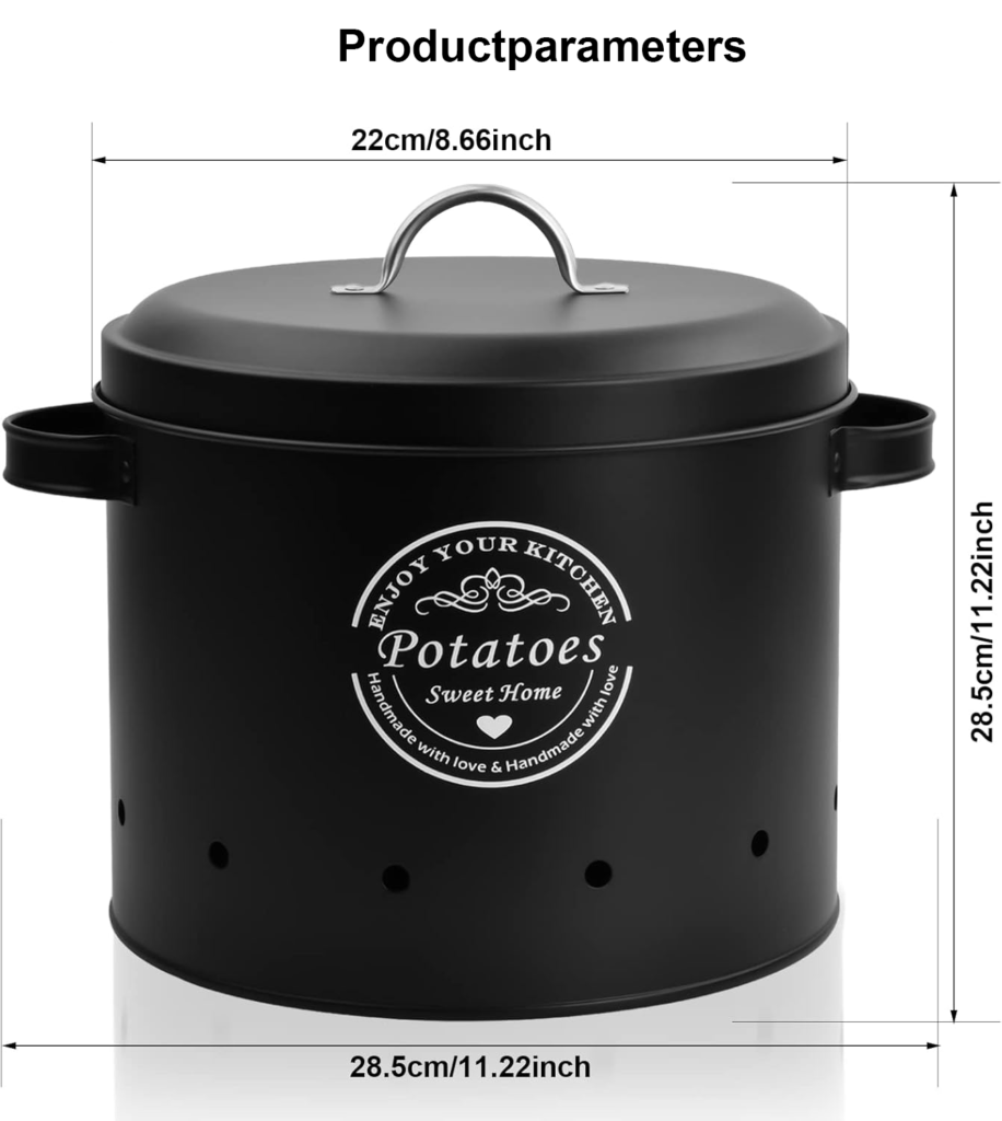 Voorraadpot set voor aardappelen, uien en knoflook met zwarte metalen blikken en ventilatiegaten voor keukenopslag
