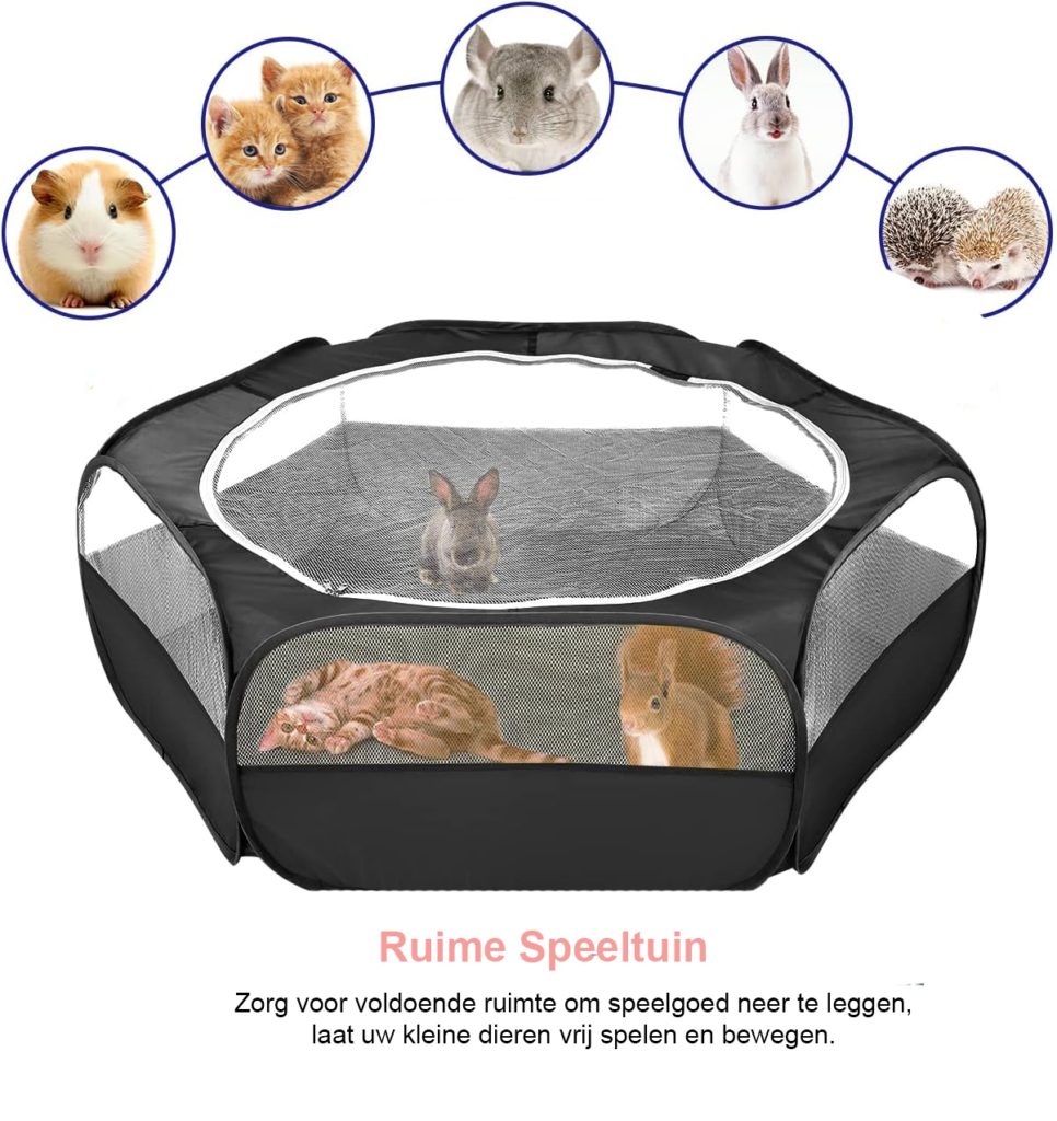 Dierenren voor Kleine Huisdieren - Opvouwbare Speelren met Rits - Waterdichte Tent voor Kittens, Puppy’s en Knaagdieren - Zwart