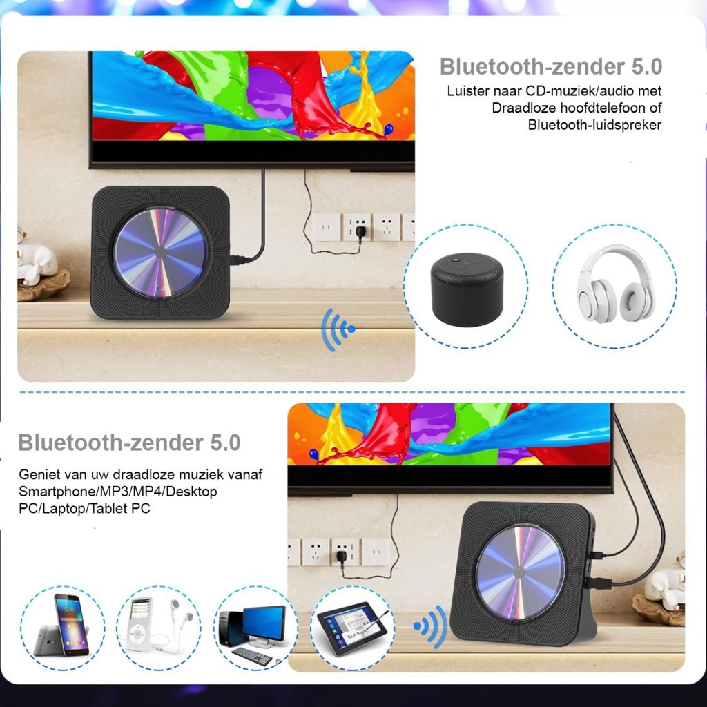 DVD speler voor TV met Bluetooth speakers, FM radio, USB-weergave, display, wekker en afstandsbediening