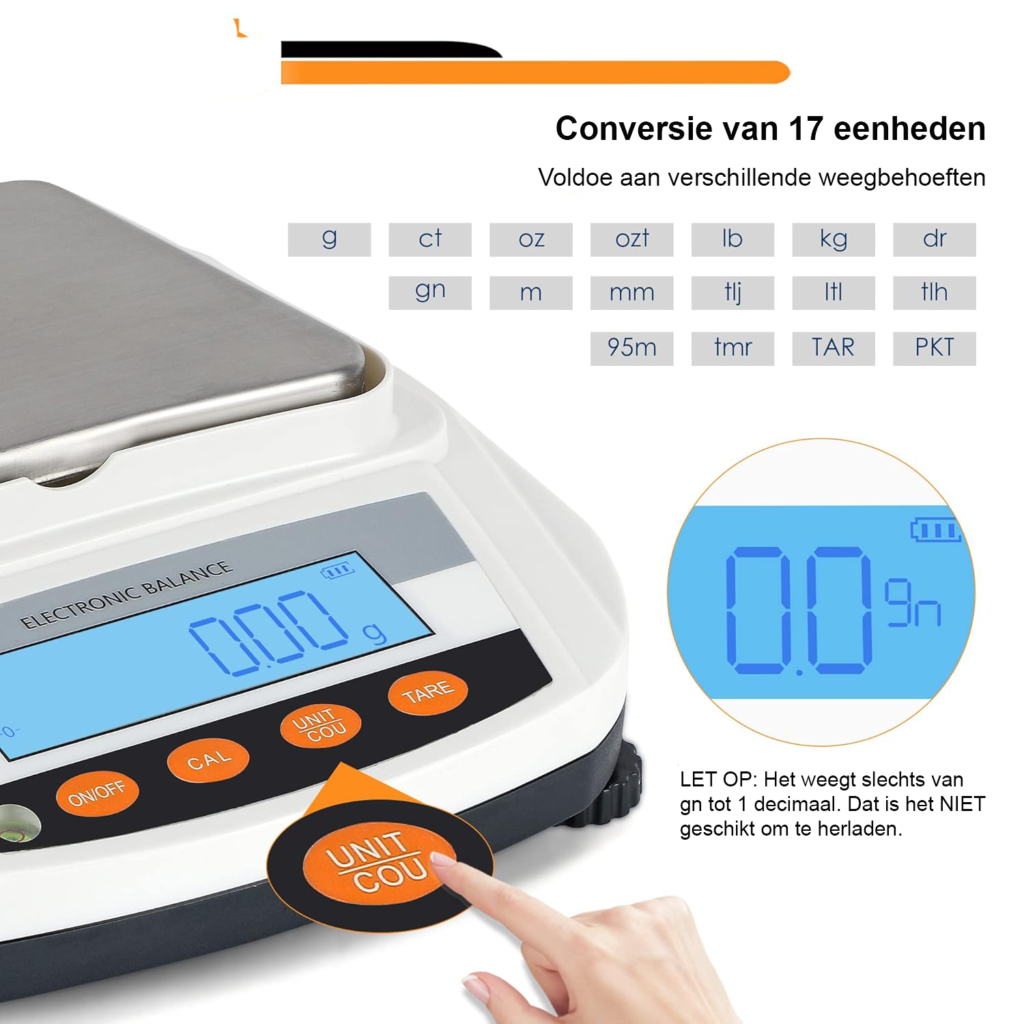 Precisieweegschaal 0,01g met digitale LCD display, RVS weegplaat en 3000g capaciteit voor nauwkeurig wegen