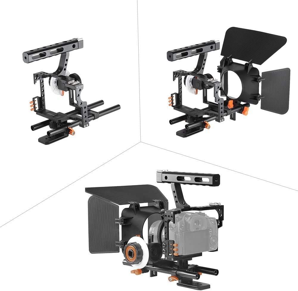 Camera rig set met aluminium camera cage, matte box, follow focus en 15mm stangen voor professionele filmopnames met Panasonic GH4