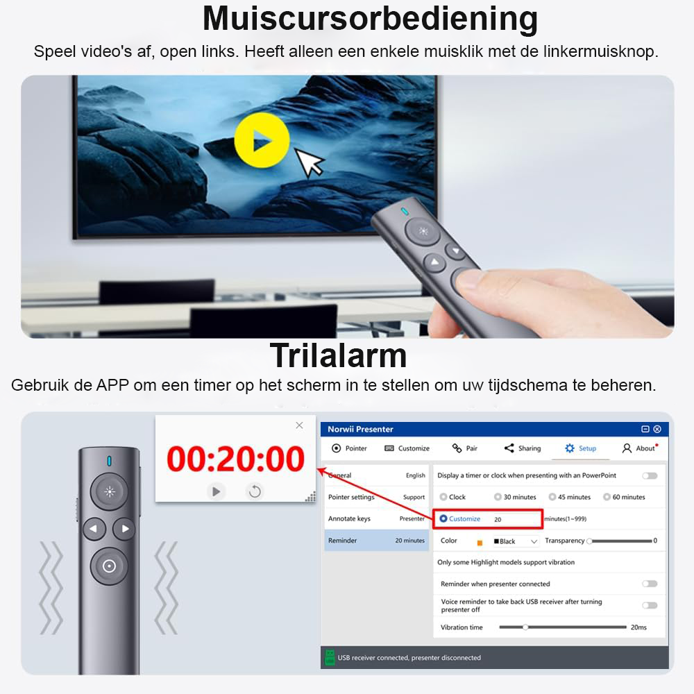 Oplaadbare presentatieafstandsbediening met laserpointer, air mouse, digitale markeerfunctie en timer voor professionele presentaties.