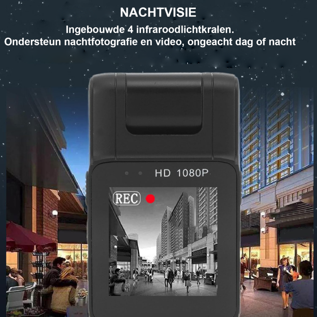 Mini beveiligingscamera 1080p HD met nachtzicht, brede kijkhoek, compacte clip en Type-C oplaadpoort.