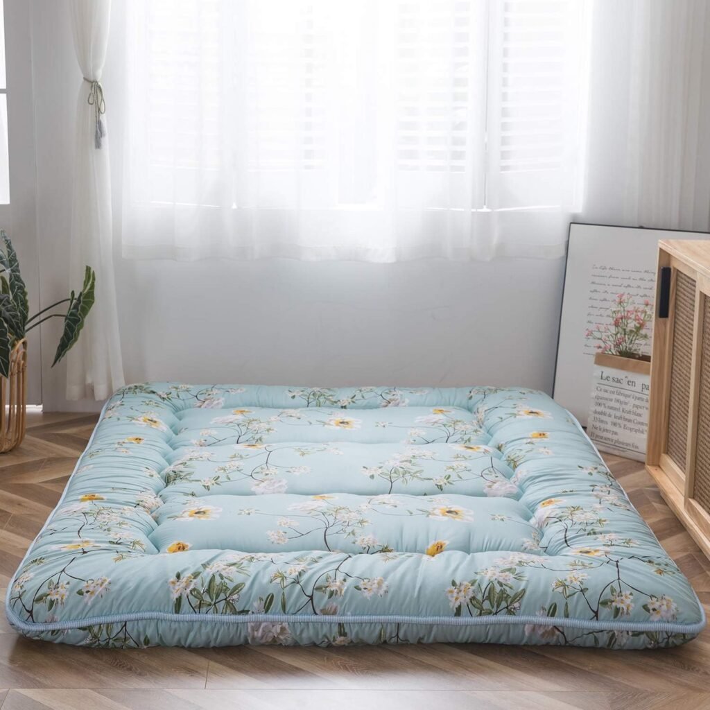 Japanse futon vloermatras met groen bloemenpatroon, opvouwbare tatami slaapmat voor vloer en logeerbed