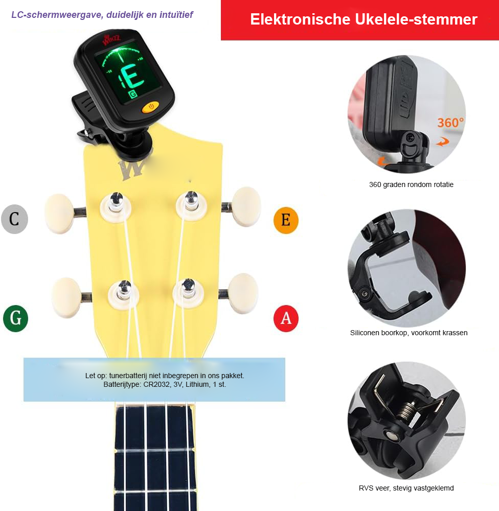 Ukulele beginners set 21 inch geel met tas en accessoires voor beginners
