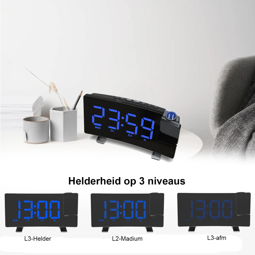 Digitale wekker met 180° projectie, FM radio en USB aansluiting voor slaapkamer of bureau