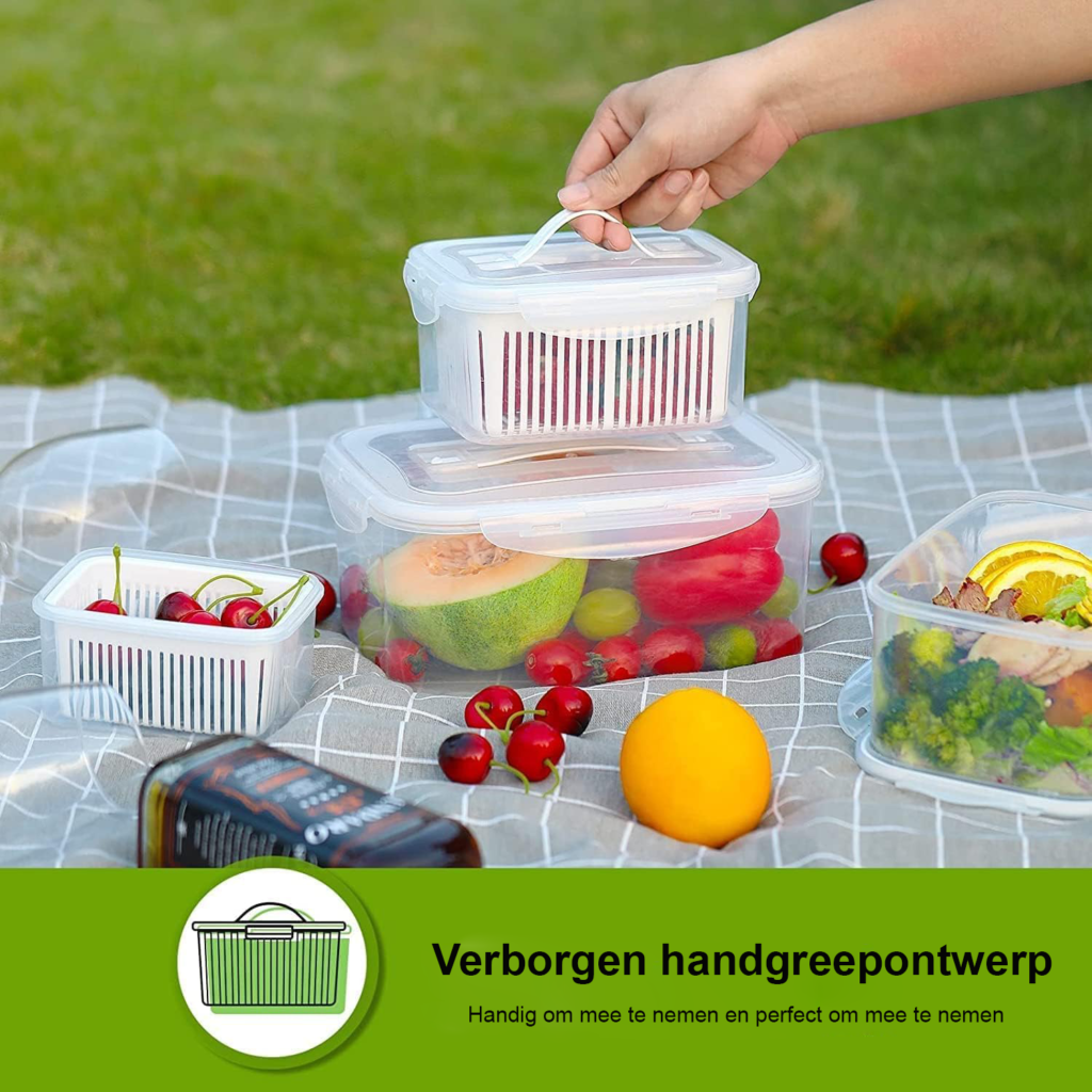 Set van 5 vershoudbakjes met vergiet voor koelkast, groenten, fruit en salades BPA-vrij en magnetronbestendig