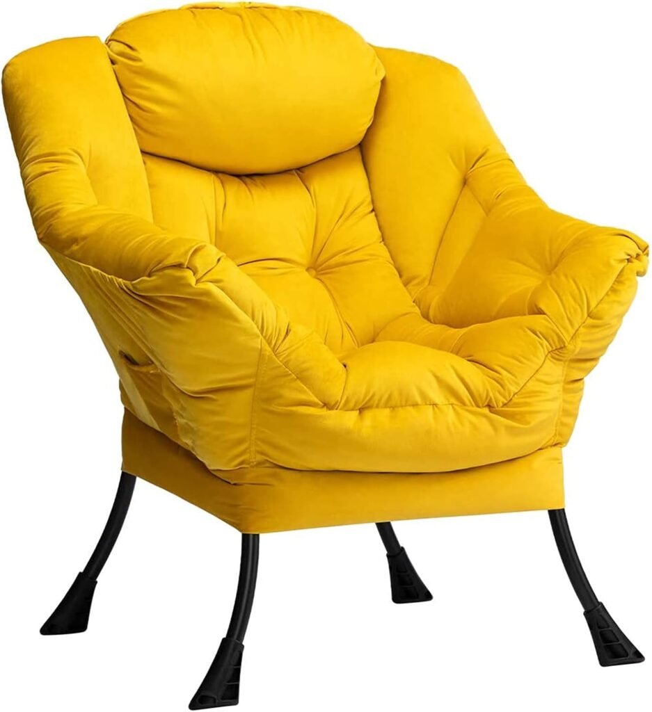 Gele velvet relaxfauteuil met armleuningen en stalen frame voor woonkamer en slaapkamer