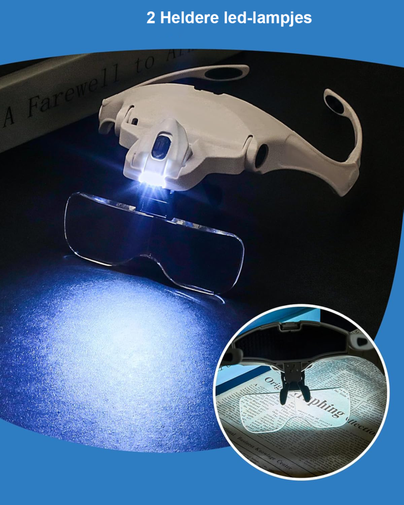 Vergrootglas loepbril met 2 LED lampen en verwisselbare lenzen voor precisiewerk, sieraden, modelbouw en elektronica