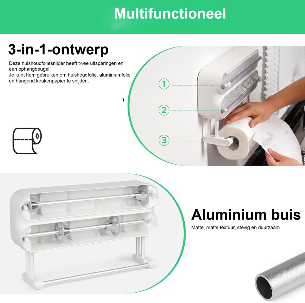 Wandrolhouder keuken met 3 rollen, foliedispenser met snijder en keukenpapierhouder voor vershoudfolie en aluminiumfolie