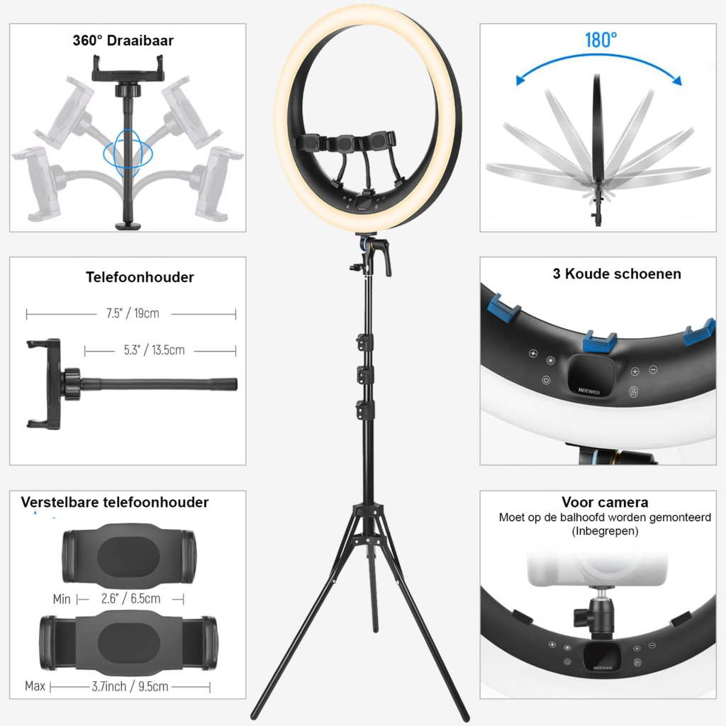 19 inch ringlamp met statief, 3 telefoonhouders en dimbare LED verlichting voor TikTok, live streaming en video-opname