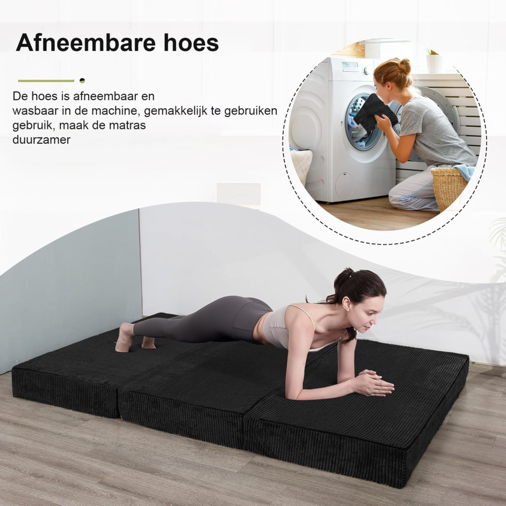 Opvouwbaar katoenen matras 10 cm met wasbare hoes in zwart, eenpersoons vloermatras voor logeren en thuisgebruik