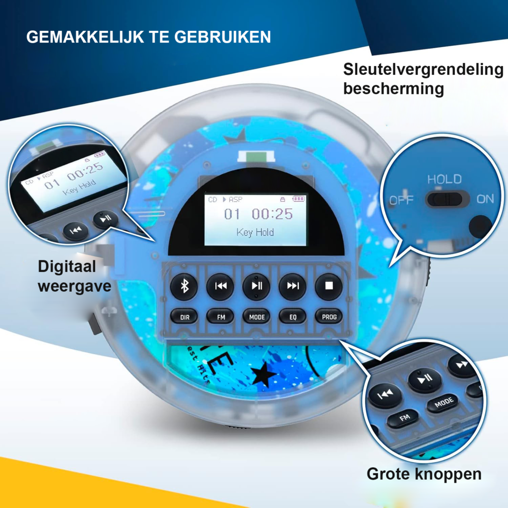 Draagbare CD speler met Bluetooth, FM radio, MP3 ondersteuning en oortelefoons voor onderweg en auto gebruik