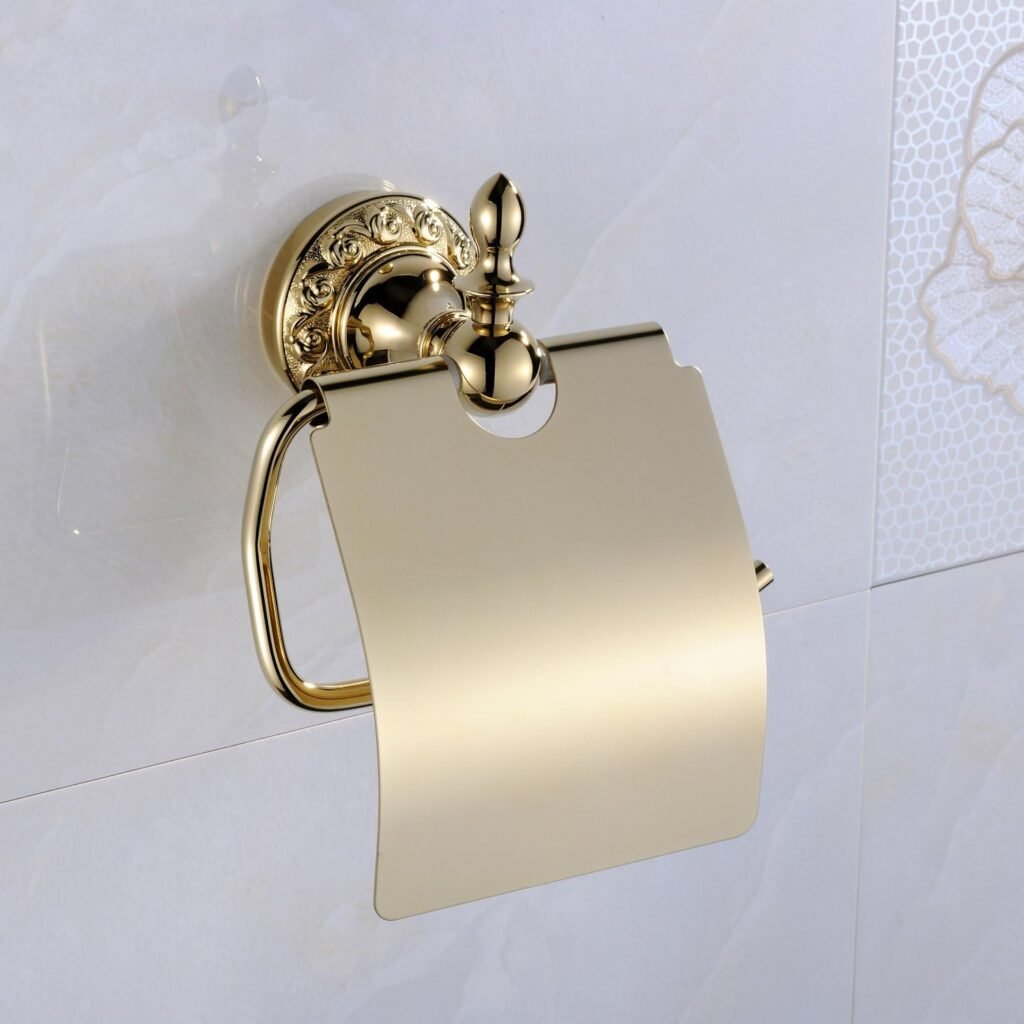 Gouden toiletpapierhouder met plankje en opbergrek voor badkamer