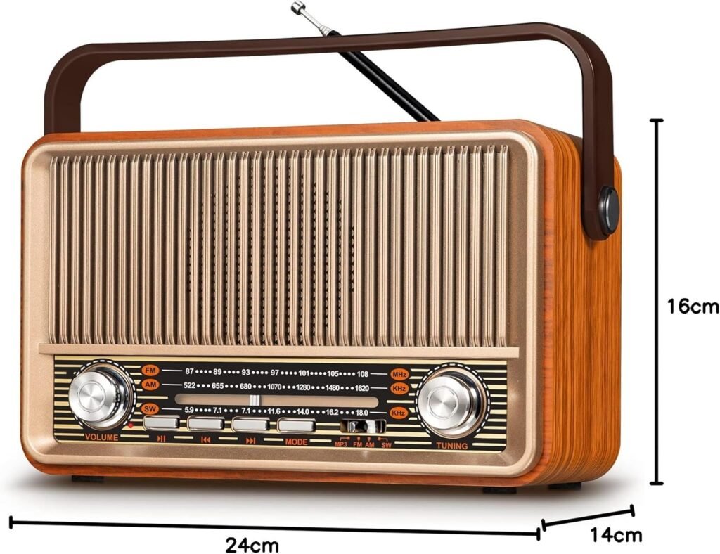 Draagbare Vintage Radio AM FM SW - Oplaadbare Noodradio met Bluetooth en USB - Nostalgische Radio met 1800mAh Batterij - AUX en TF Ondersteuning