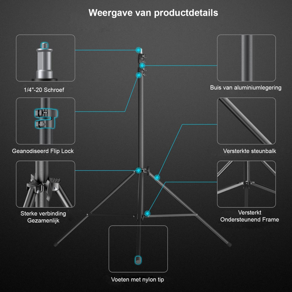 Verstelbaar aluminium lichtstatief 110-280 cm met luchtvering en 1/4 inch schroefdraad voor softbox en studiolamp