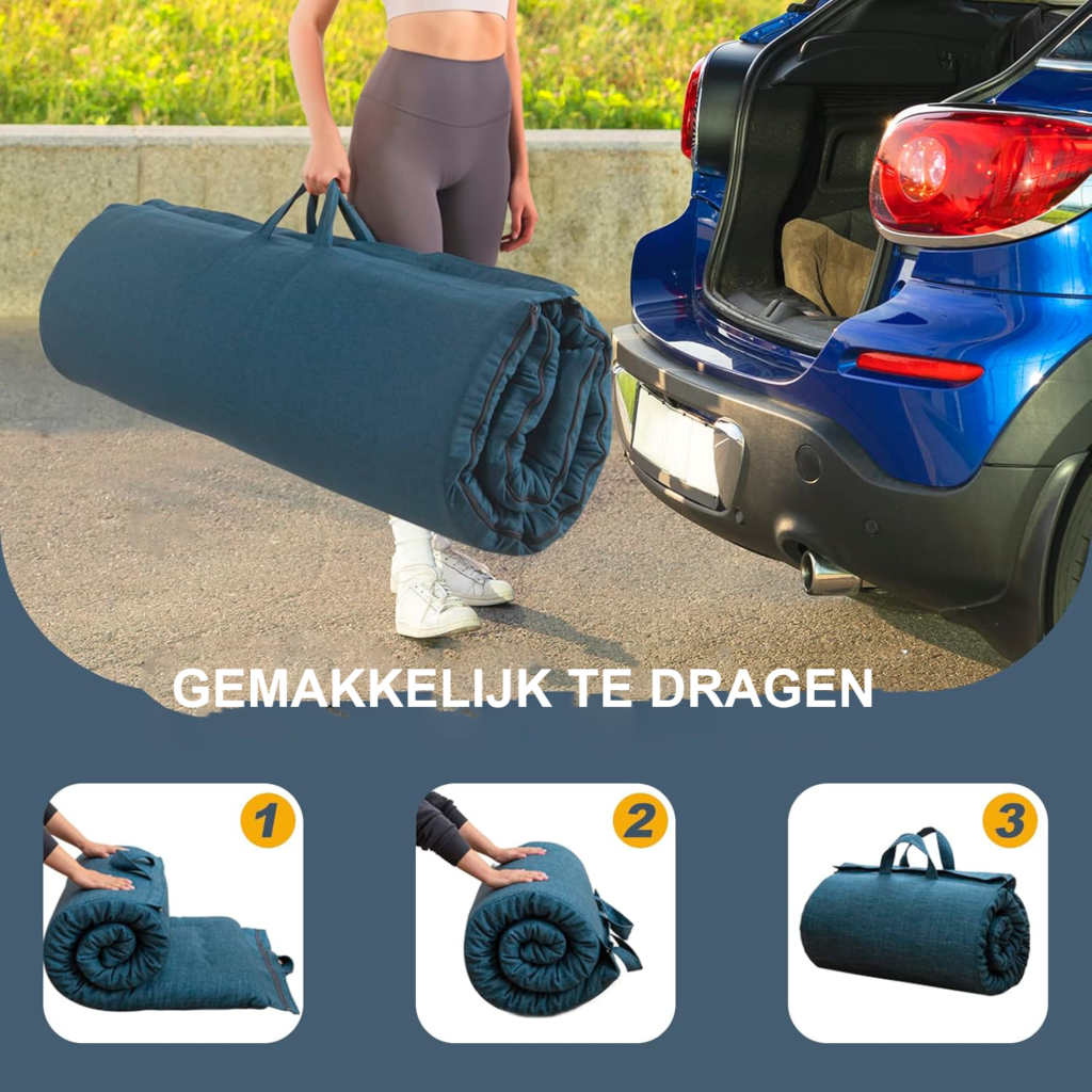 Opvouwbaar futon matras 135x190cm met geheugenfoam, hypoallergeen stof, handvat en rits voor kamperen, logeren en binnengebruik