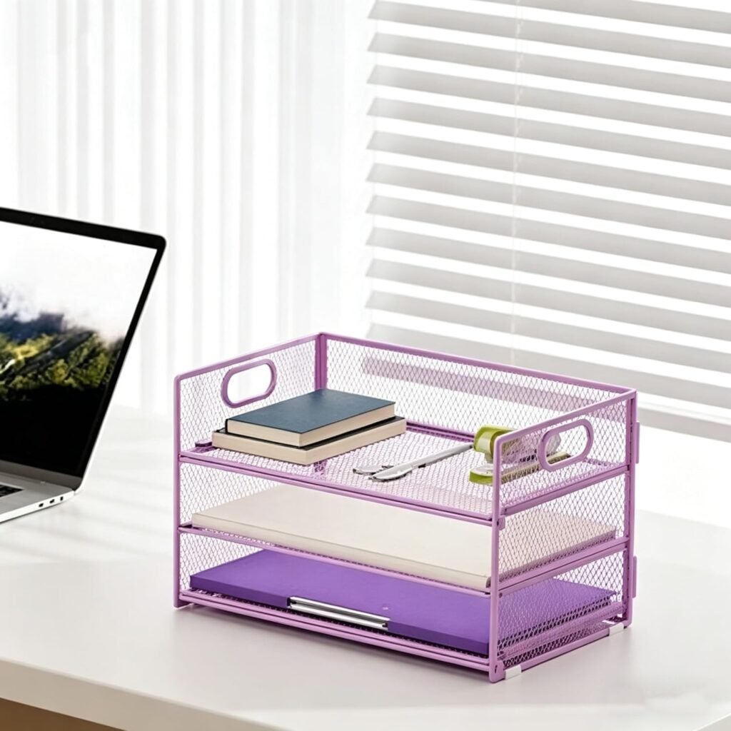 Bureau organizer 3 lagen paars met handgreep - mesh documentenbak en bureau opberger voor thuiswerk en accessoires