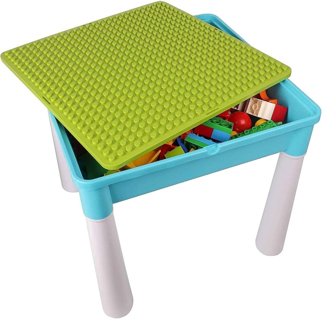 Activiteitentafel voor Kinderen 5-in-1 - Bouwspeeltafel met Opbergruimte en Stoel - 128 Grote Bouwblokken met Groene Basisplaat