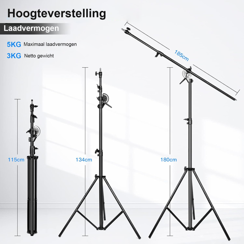 Fotostatief 400 cm met boomarm - Camera statief voor fotografie en video - Robuuste standaard - Studio opname statief