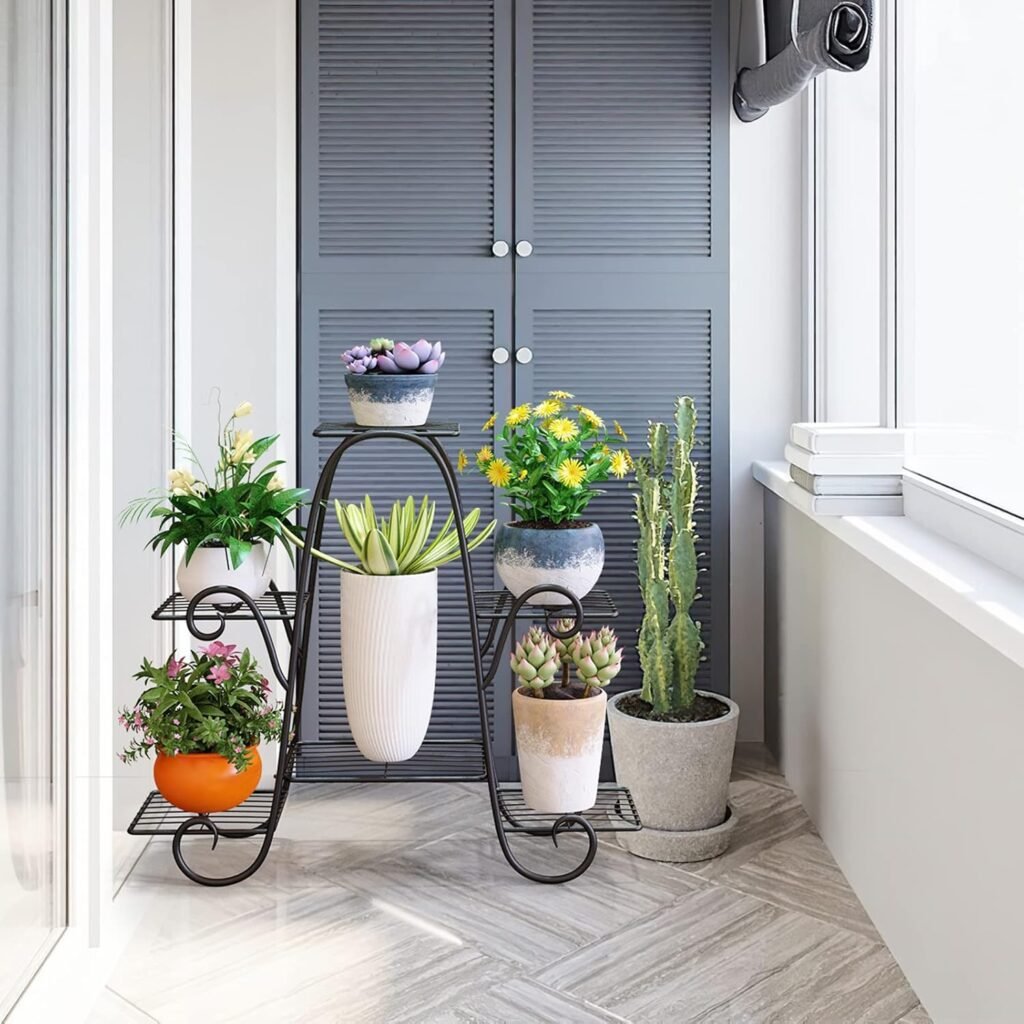 Zwarte metalen plantenrek met bloemenrek en plantenstandaard voor woonkamer, balkon, tuin en patio