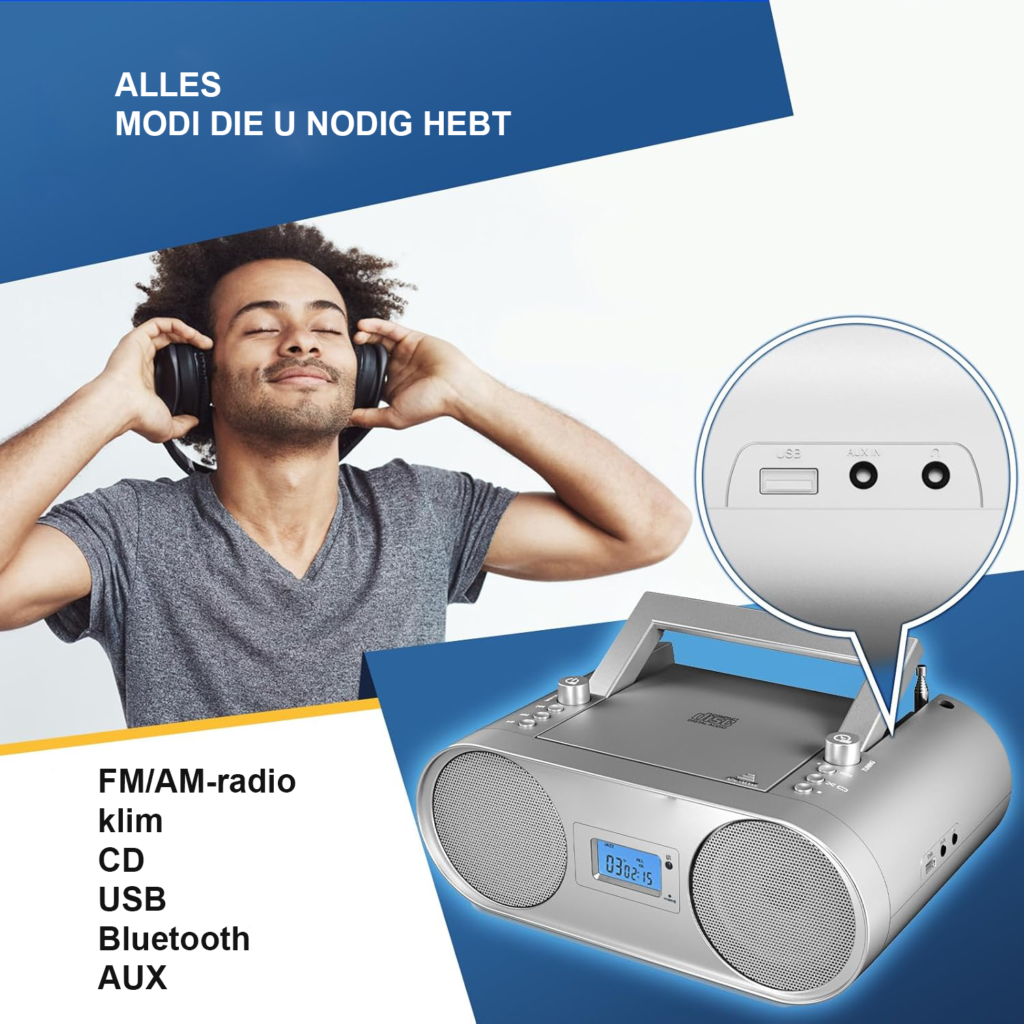 Boombox radio met cd speler en Bluetooth, draagbare muziekspeler met AM/FM radio, MP3, USB, AUX en oplaadbare batterij met afstandsbediening en digitale EQ functie