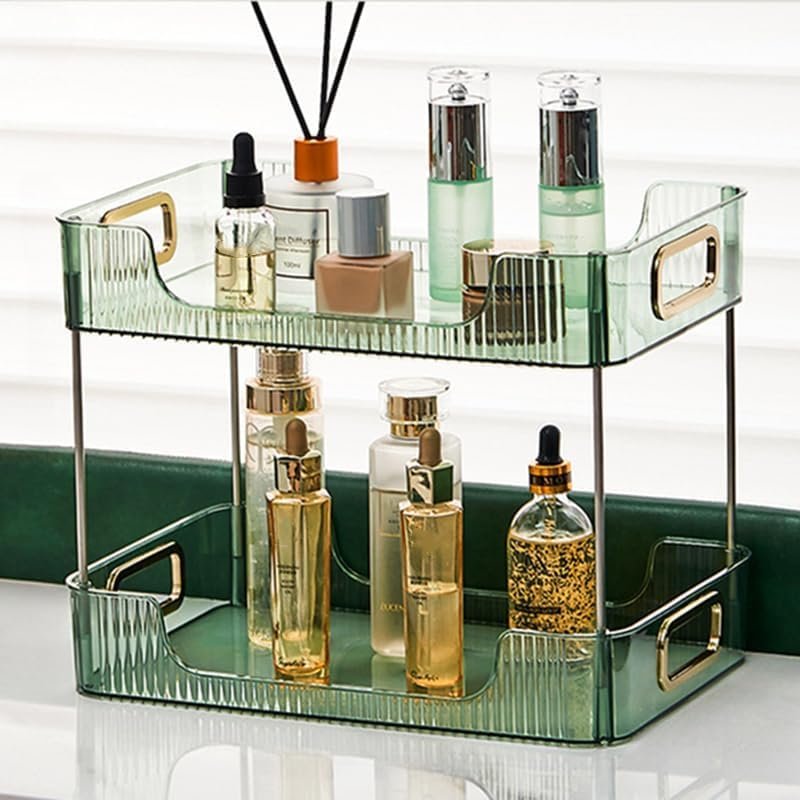 Badkamer organizer 2 lagen groen - cosmetica opbergrek voor make-up en huidverzorging op de wastafel
