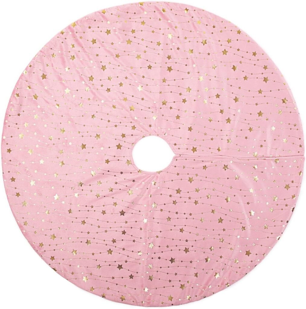Ronde roze pluche kerstboomrok met sterren, luxe nep bont kerstboomkleed Ø 48 inch voor kerstdecoratie en kerstboomstandaard