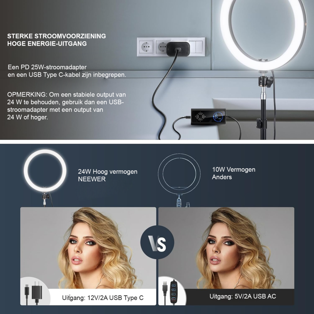 LED ringlamp 12 inch met statief voor make-up, streaming en videobellen USB-C 24W dimbaar