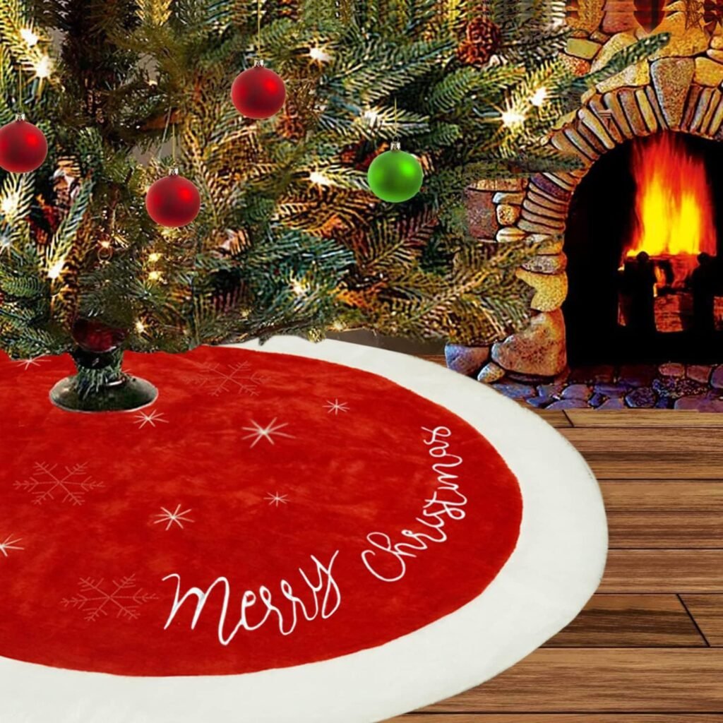 Kerstboomkleed van nepbont 120 cm wit met rode rand voor luxe kerstdecoratie en kerstboom rok