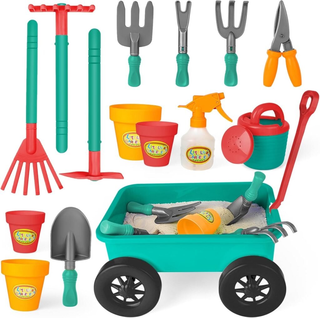 Tuinset met kruiwagen voor kinderen 14-delig met schep, hark, gieter en zand speelset voor buiten