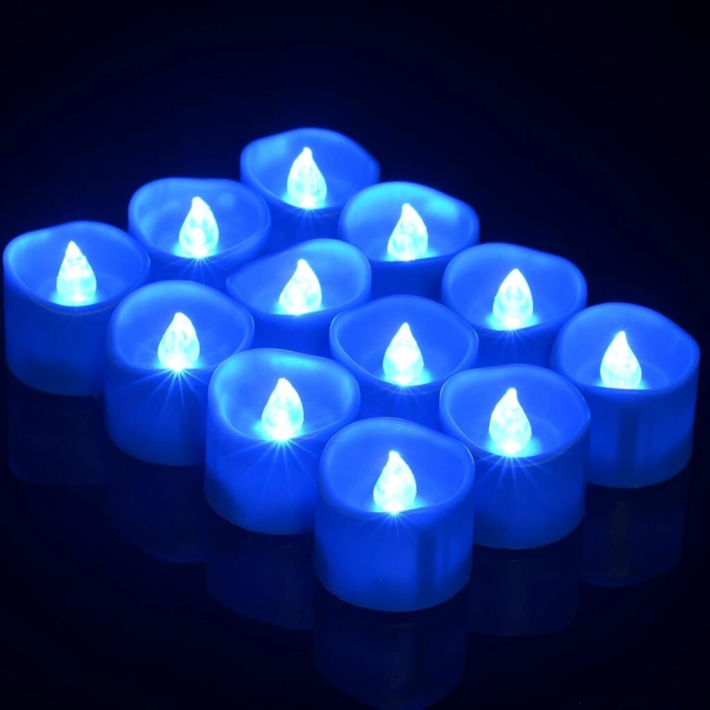 Set van 12 LED waxinelichtjes met timer en blauw flikkerend licht voor sfeerverlichting en decoratie
