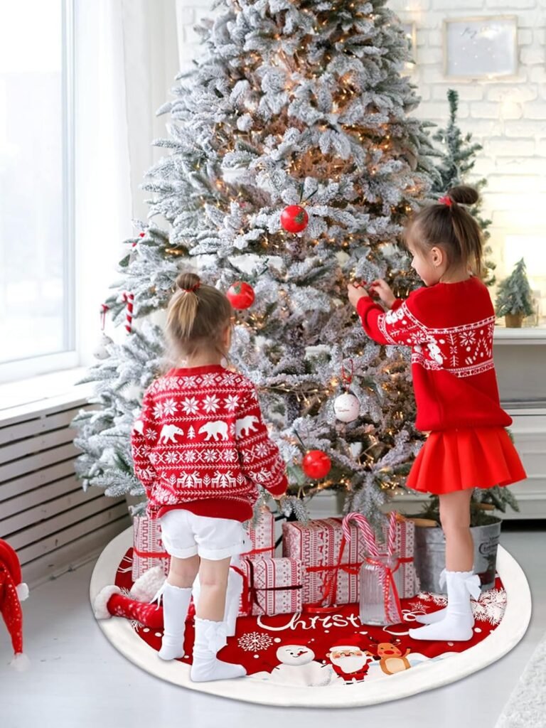 Rode pluche kerstboom rok 48 inch met kerstdecoratie en sneeuwvlokkenpatroon voor feestdagen