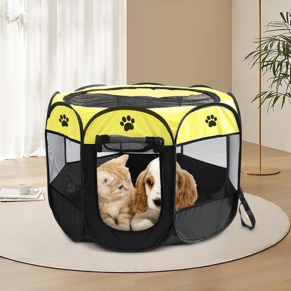 Opvouwbare waterdichte hondenren en kattenren 73x73x43 cm in geel voor honden, katten en kleine dieren, geschikt voor binnen- en buitengebruik