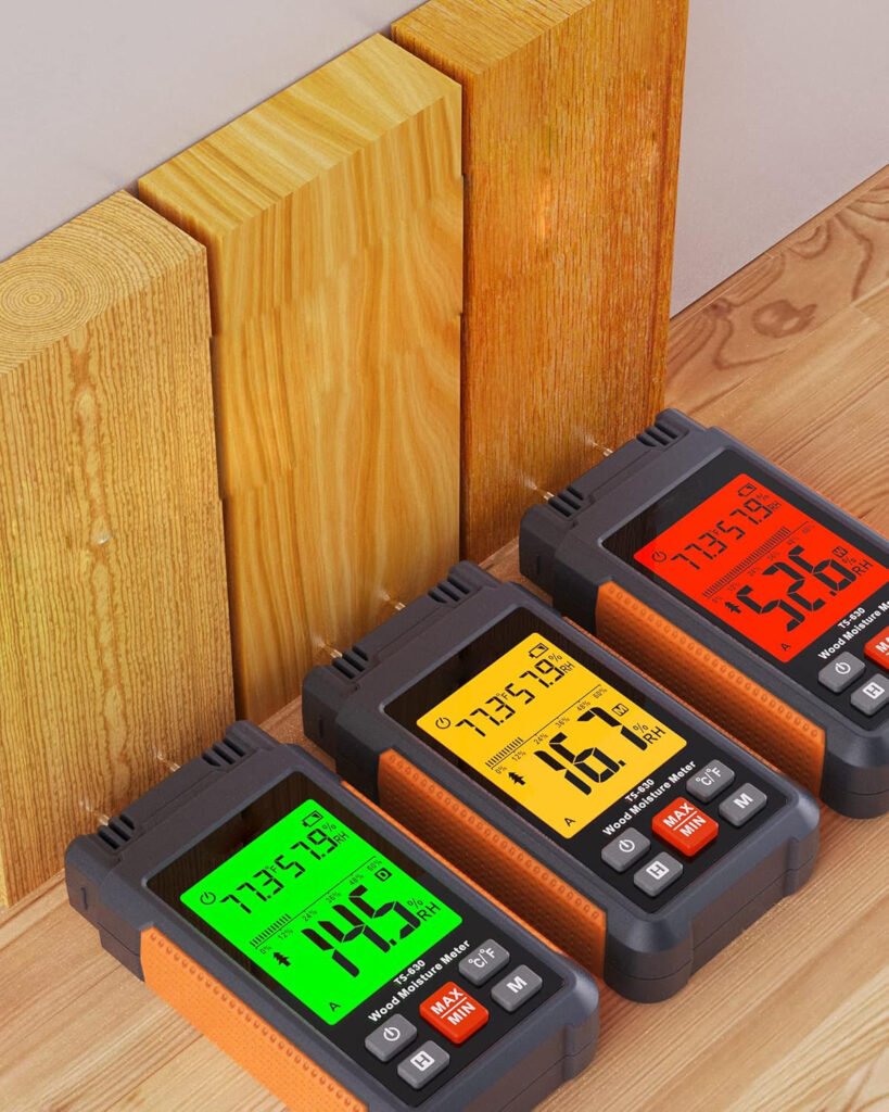 Digitale vochtmeter voor muren en hout met LCD display, pinmeting, tri-color backlight en 7 kalibratieschalen.