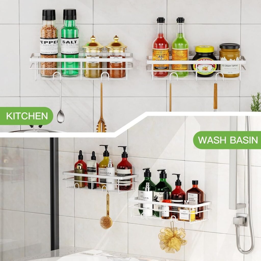 Doucheplank zonder boren wit met badkamer opbergrek voor shampoo en doucheaccessoires, set van 2 stuks