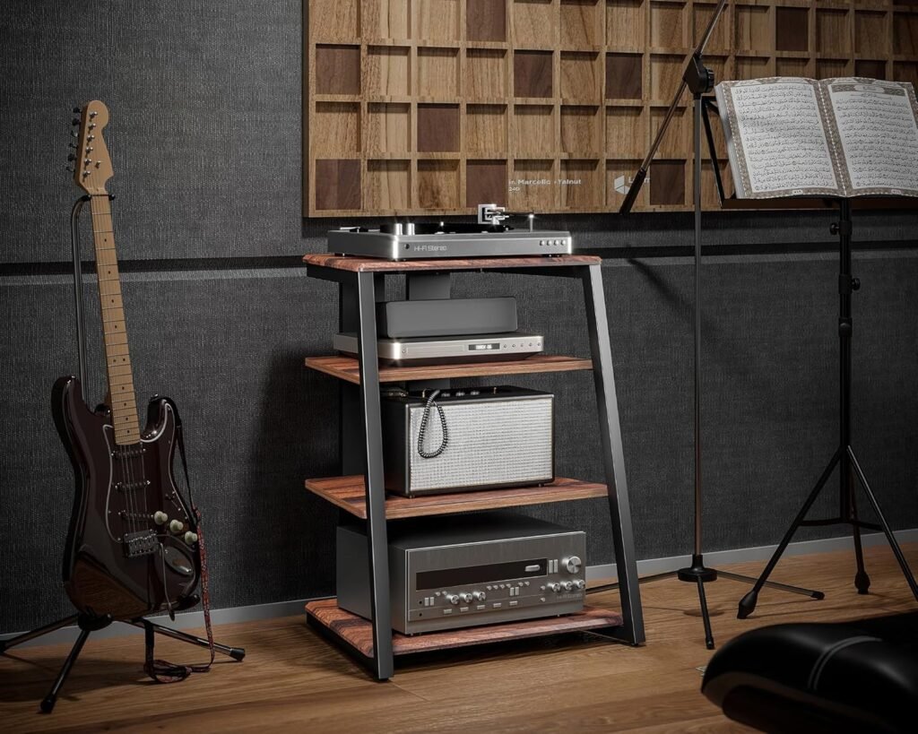 HIFI kast met 4 planken van hout en staal voor audioapparatuur, videoapparatuur en multimedia opslag in de woonkamer