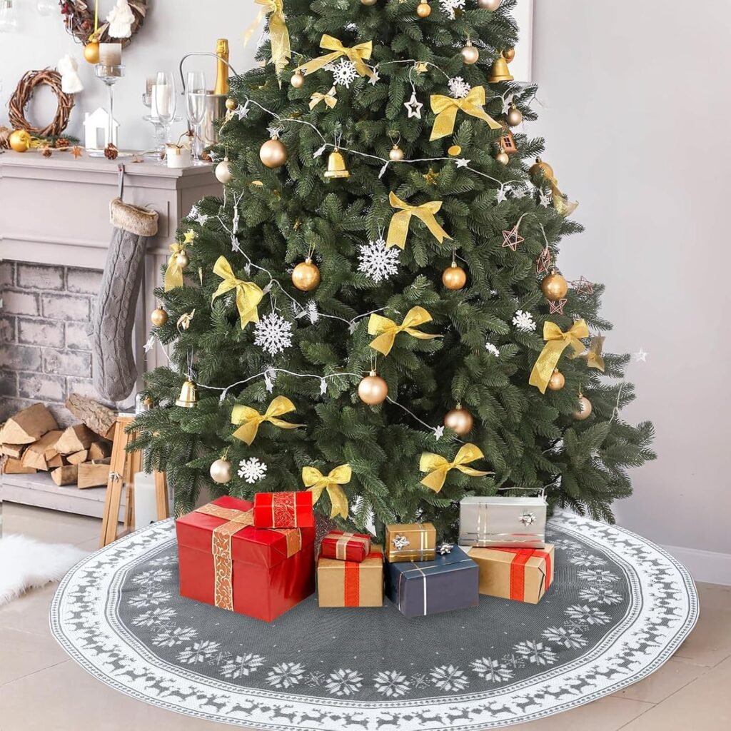 Grijze gebreide kerstboomrok 36 inch met sneeuwvlokken en hert, rustieke kerstboommat voor decoratie