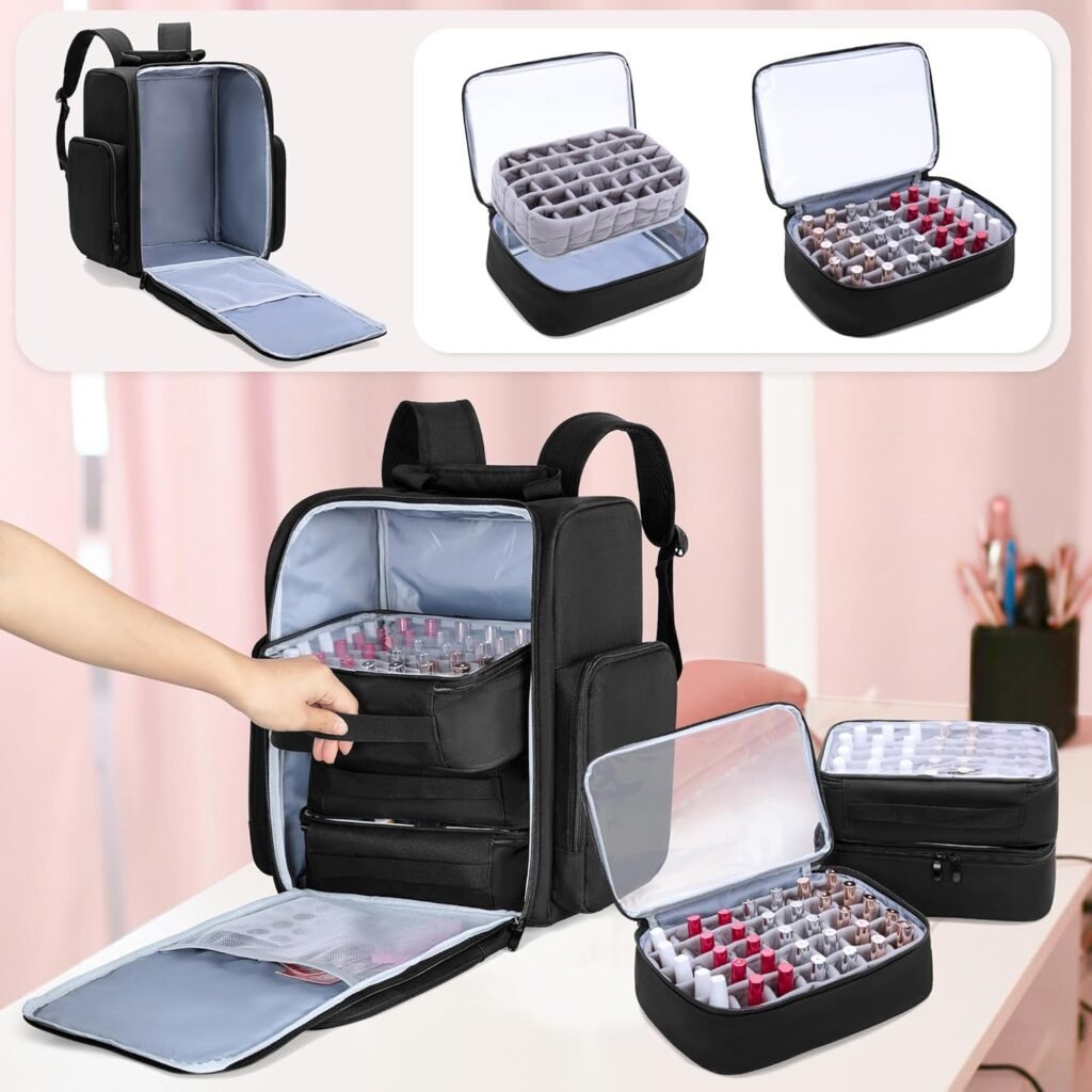 Nagellak organizer rugtas zwart met vakken voor nagellak en manicure accessoires compacte opbergtas voor beauty benodigdheden