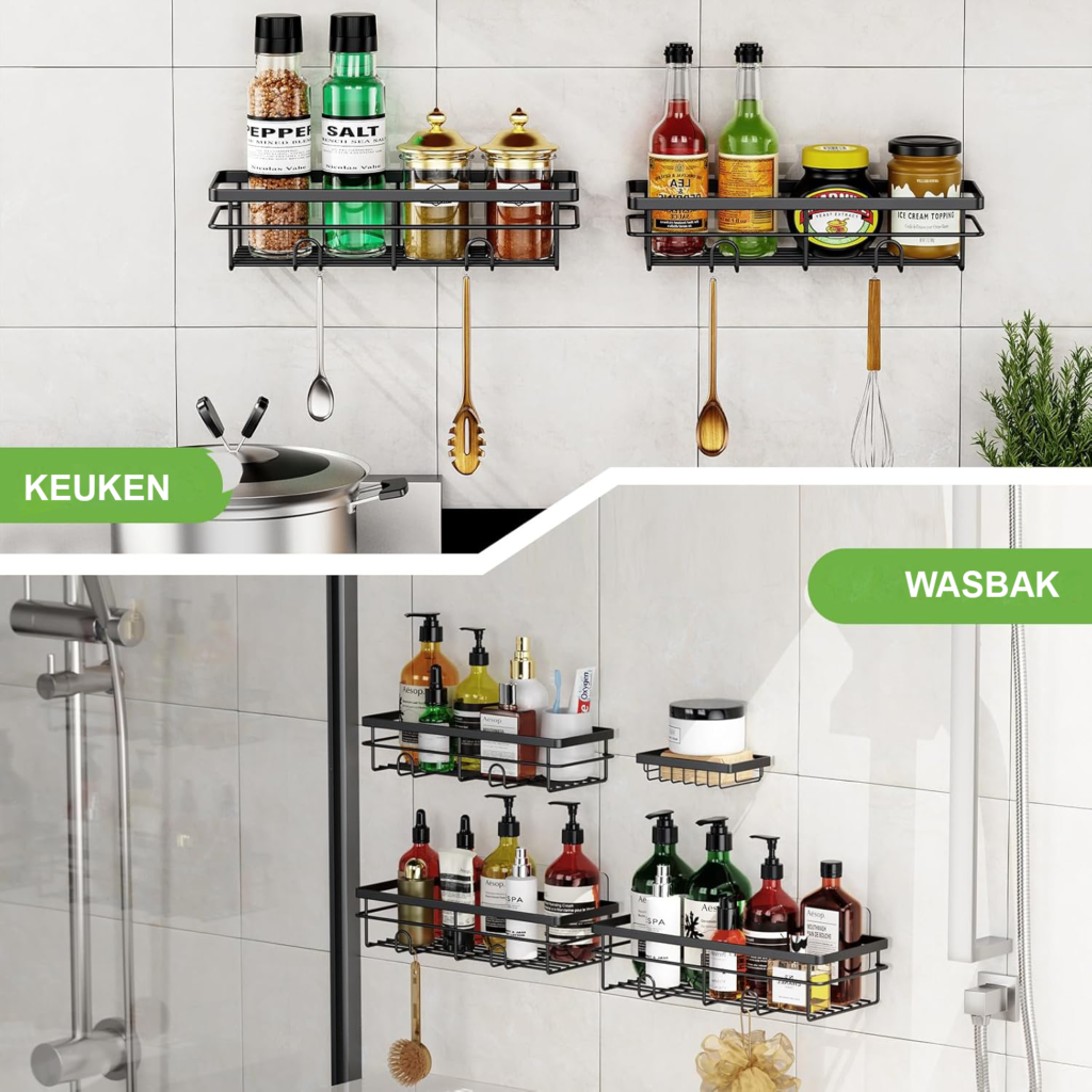 Doucheplank zonder boren set van 4 zwarte doucherekken voor badkamer shampoo houder en ruimtebesparende douche opberging