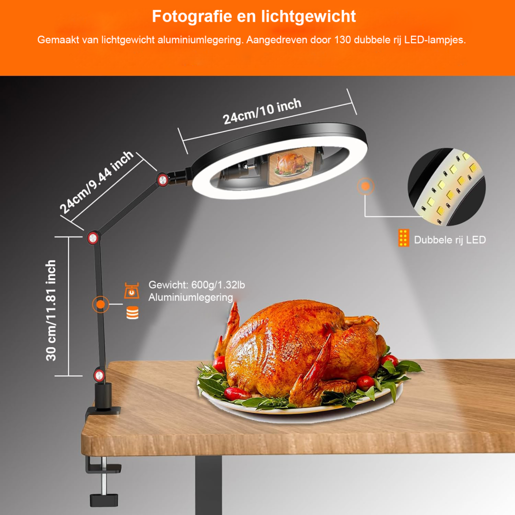 Ringlamp 10 inch met telefoonhouder voor bureau en dimbare LED verlichting