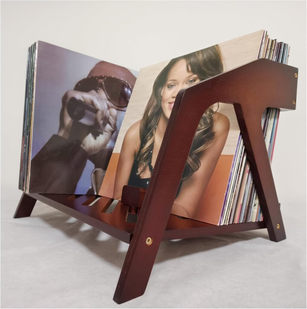 Bamboe vinyl platenhouder in stoelvorm voor LP opslag en CD houder in bruin