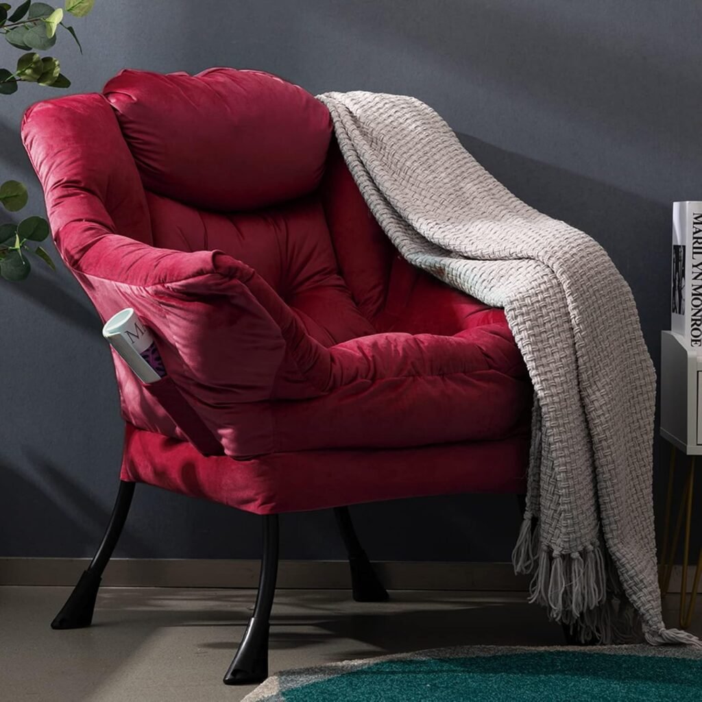 Relaxfauteuil van velvet in rood met armleuningen en stalen frame voor woonkamer en slaapkamer