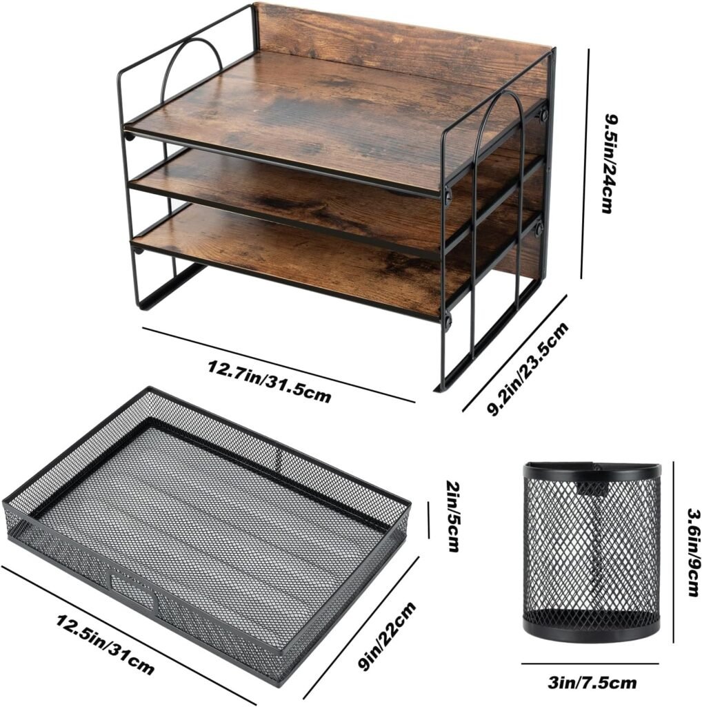 Bureau organizer hout 4 lagen documentenbak lade penhouders vintage kantoor opberger papier mappen accessoires