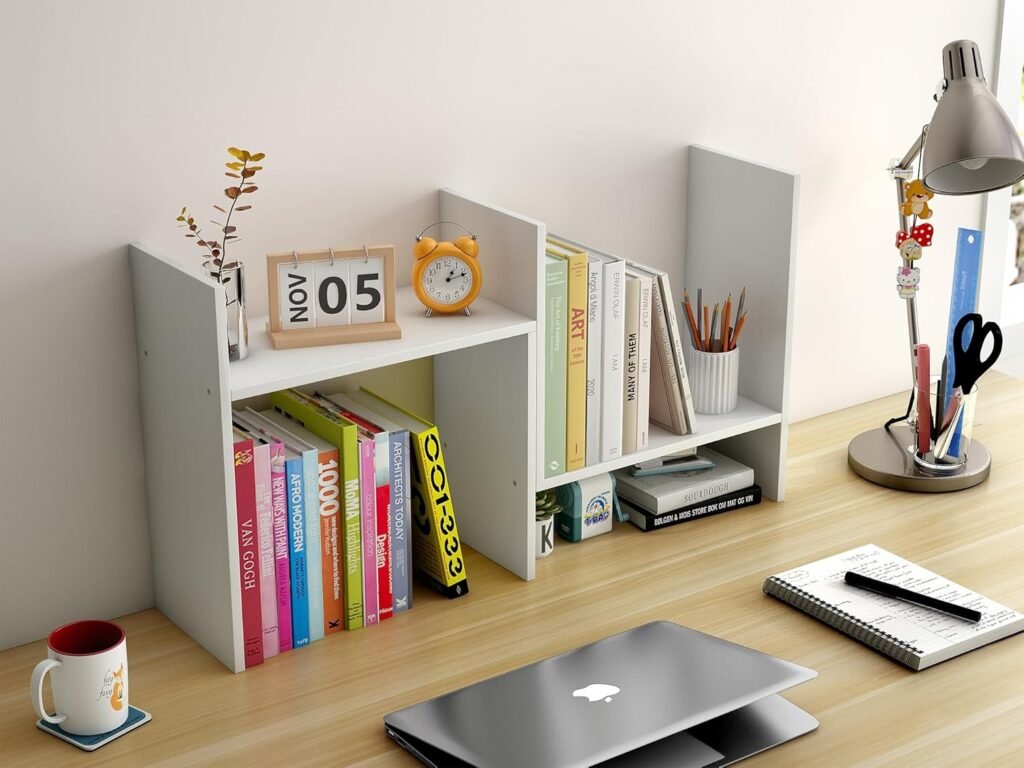 Houten verstelbare bureau organizer boekenrek wit voor boeken, kantooraccessoires en bureau opbergruimte