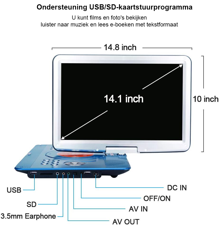 Draagbare DVD-speler met 14.1 inch draaibaar LED scherm, oplaadbaar met autoadapter en afstandsbediening voor reizen en kinderen