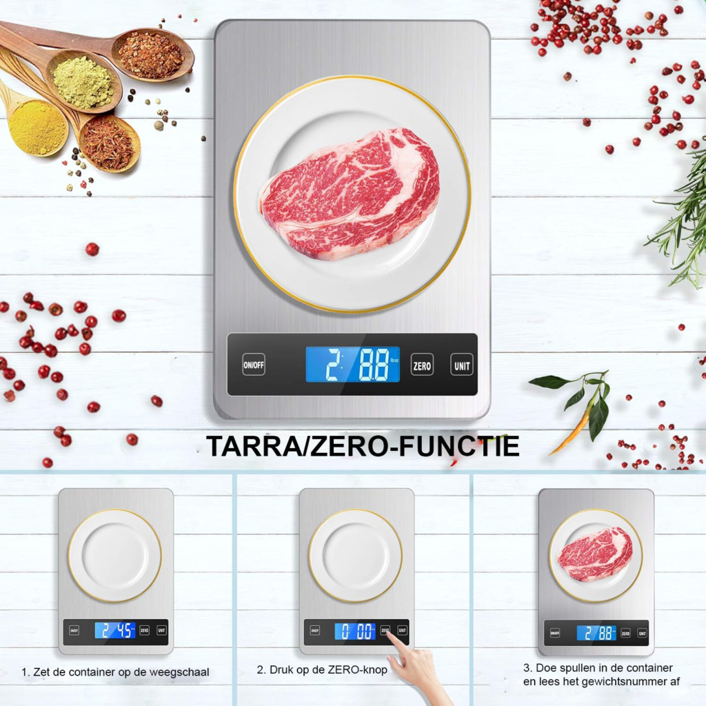 Digitale RVS keukenweegschaal met oplaadbare accu, LCD-display en 13,6 kg weegcapaciteit