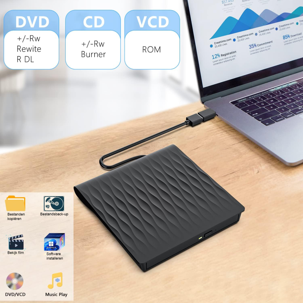 Externe CD/DVD drive USB 3.0 Type-C - externe DVD/CD brander +RW/-RW voor laptop en desktop compatibel met Windows en MacOS
