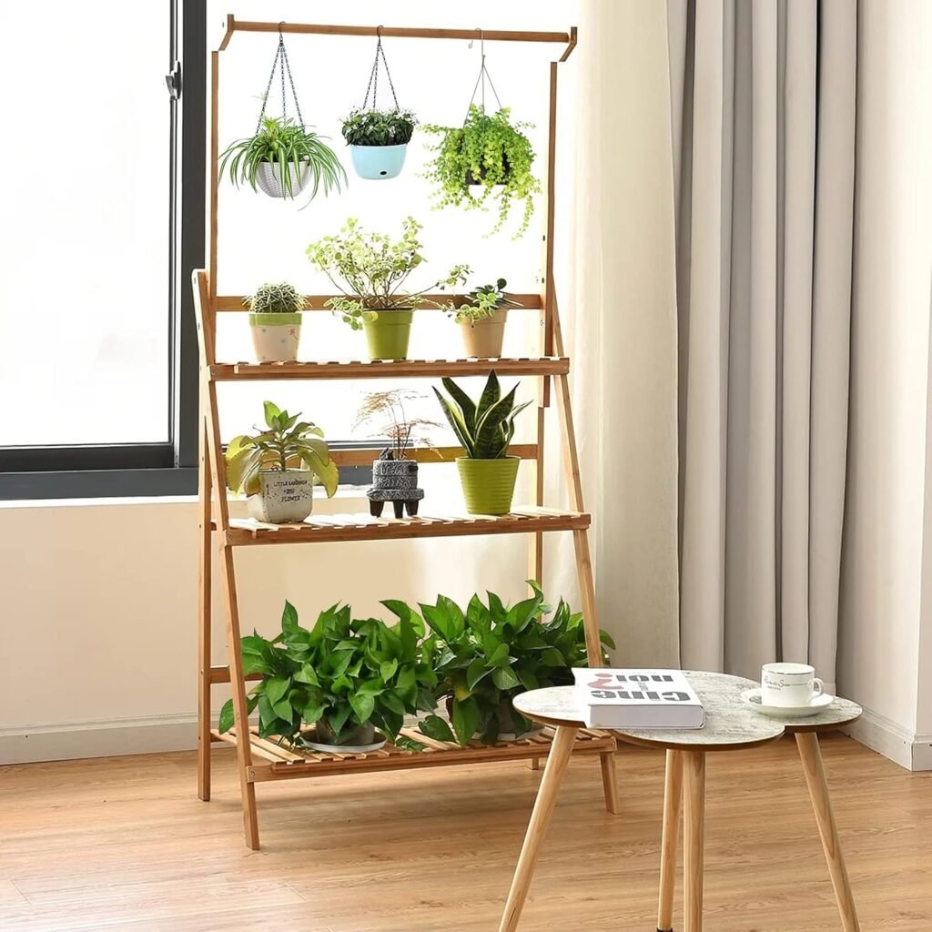 Bamboe plantenrek met verstelbare plantenstandaard en bloemenladder voor balkon en tuin