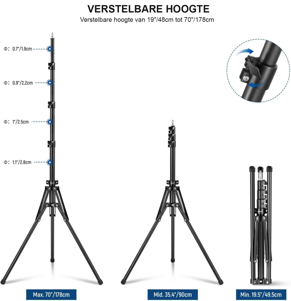 Camerastatief 178 cm - Metalen Tripod met Draagtas - Omkeerbare Poten voor Ringlamp, Softbox en Fotografie - 1/4 inch Schroefdraad